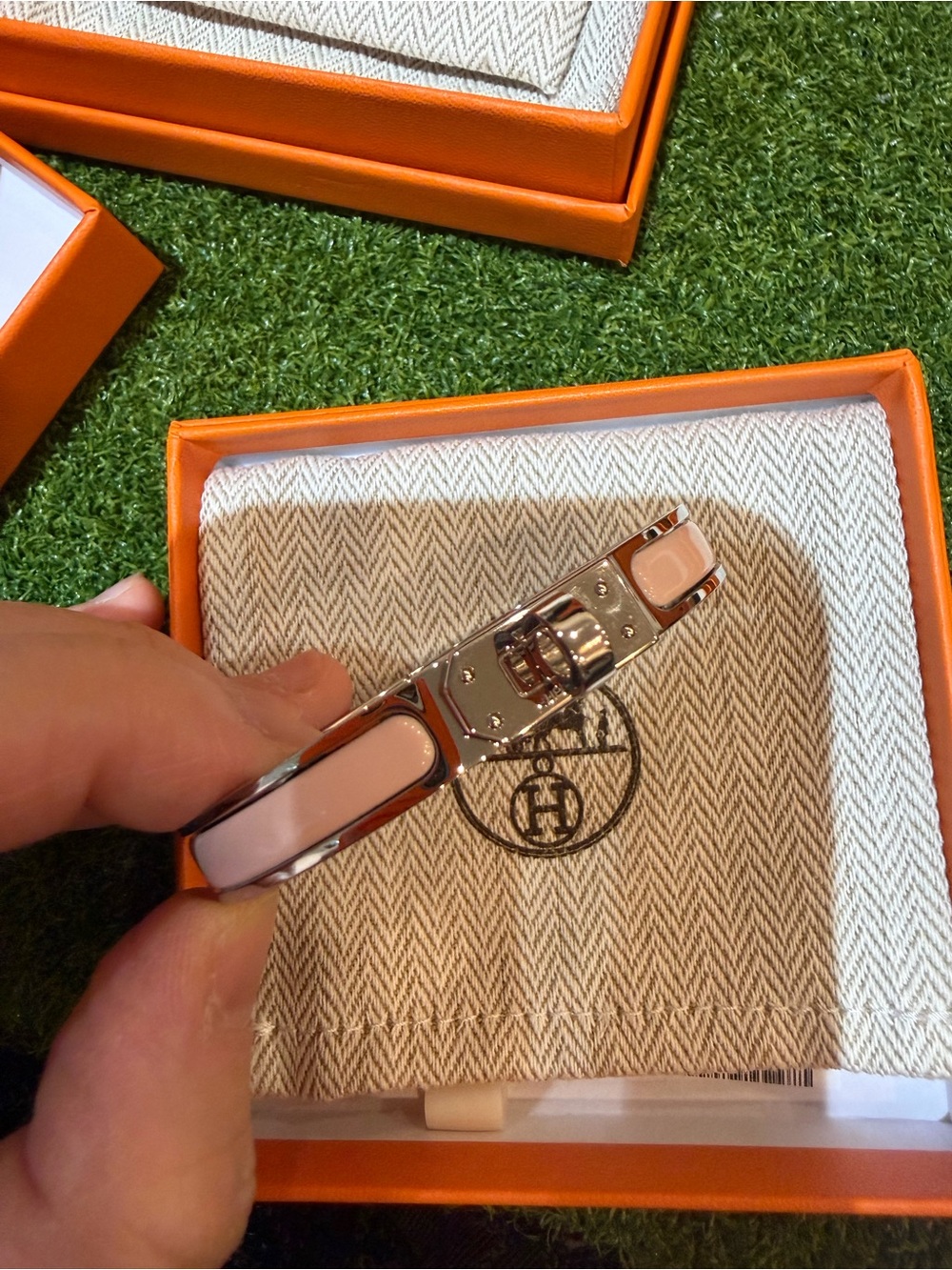 Hermes Pale Pink Enamel and Silver Buckle Bracelet
